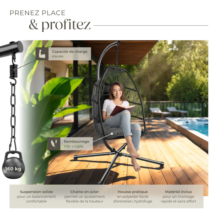 Fauteuil Oeuf Suspendu Chaise hamac Balancoire Cocooning Confortable Pliable Résistant, Fauteuil Relax avec Structure en Acier &