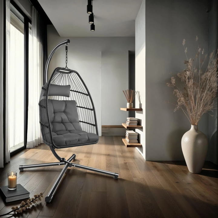Fauteuil Oeuf Suspendu Chaise hamac Balancoire Cocooning Confortable Pliable Résistant, Fauteuil Relax avec Structure en Acier &