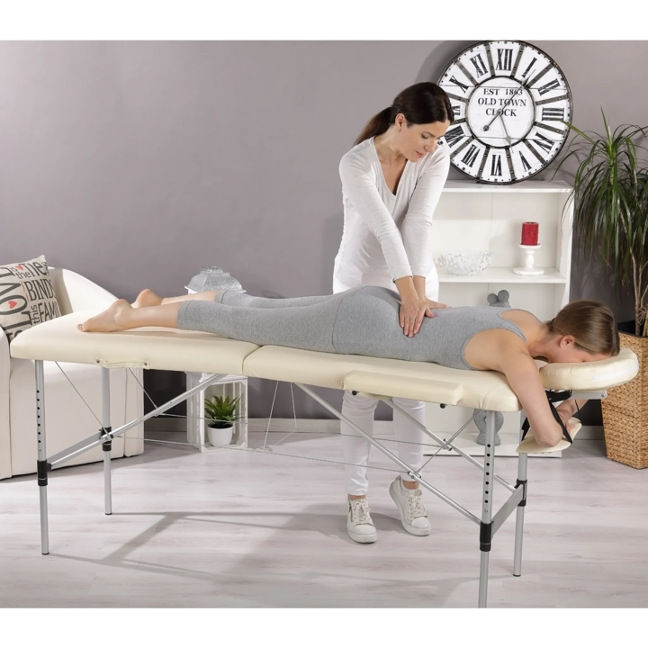 Table de massage table de massage en aluminium pliable 2 zones crème mobile